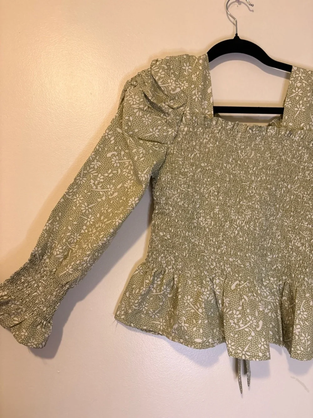 Sage Green Floral Smocked Peplum Blouse Puff Sleeve Cottagecore Top XL - Picture 2 of 5